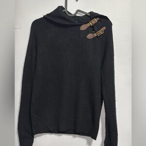 Lauren Ralph Lauren Black 100% Lambswool Sweater Buckle Detail Equestrian Medium